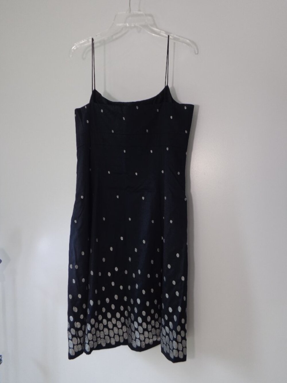Ann Taylor Knee-length Spaghetti-strap Navy Silver Polka Dot Cotton Dress Sz 14 - Picture 2 of 7